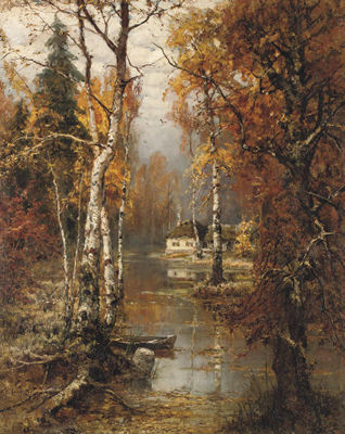 Sample artwork by Juli Yulevich Klever Jr (1882 - 1942), known for floral, comestible and fish still life, forest landscape and winter scene painting - View similar artists and auction records