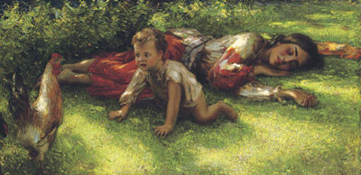 A gypsy with a cockerel and baby
