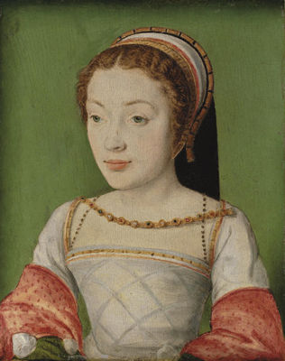 Portrait of Renée de France (1510-1574), bust-length, in a white dress with red sleeves, with a jewelled necklace and a head-dress