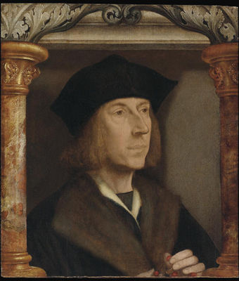 Portrait of gentleman, bust-length, in a fur-lined coat, telling a rosary, set in an architectural surround by Quentin Matsys - Auction record, sale price, and art valuation. Compare with similar artists and explore comparable artworks.