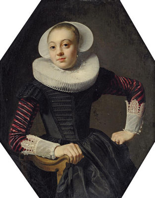 Portrait of a lady, seated three-quarter-length, in a black dress with red slashed sleeves, lace cuffs and a ruff
