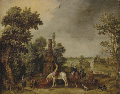 An extensive landscape with a hunting party halting by a classical fountain by Esaias Van de Velde I - Auction record, sale price, and art valuation. Compare with similar artists and explore comparable artworks.