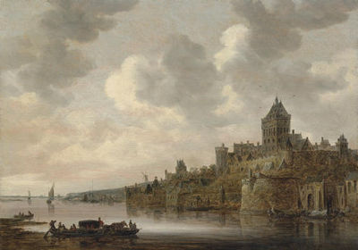 The Valkhof at Nijmegen, with a coach and four on a ferry on the river Waal in the foreground