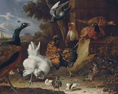 A cockerel, hens, chicks, a partridge, pheasants, a peacock and a pigeon by a wall in the park of a mansion