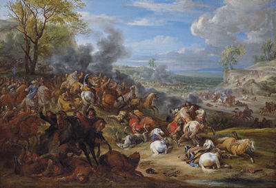 French troops in battle in an extensive landscape