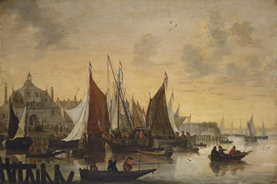 View of the Oude Hoofdpoort, Rotterdam, with sportsmen shooting duck in the foreground