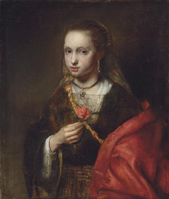 Portrait of a lady, half-length, in a black dress and red shawl, holding a flower