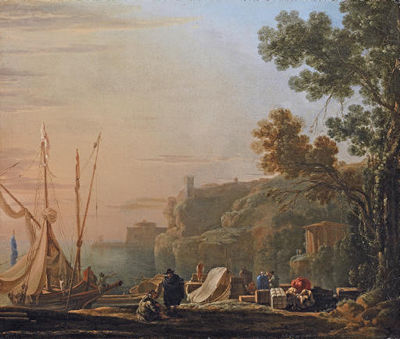 A Mediterranean coastal inlet with merchants unloading boats, a temple beyond
