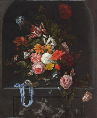 A parrot tulip, an iris, poppies, roses and other flowers in a glass vase with a pocket-watch and two butterflies in a niche with a classical sculpted low relief by Ernst Stuven - Auction record, sale price, and art valuation. Compare with similar artists and explore comparable artworks.