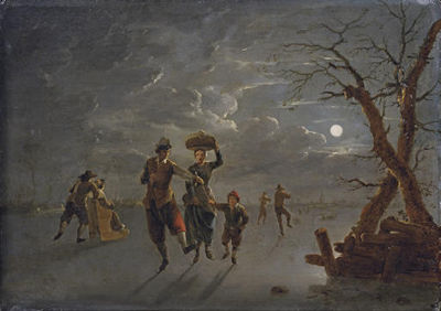 A moonlit winter landscape with skaters on a frozen river