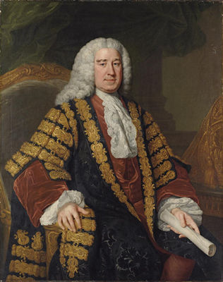 Portrait of Henry Pelham (1694-1754), three-quarter-length, seated in Chancellor's robes, a scroll in his left hand