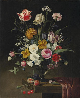 Roses, tulips, carnations and an iris in a glass vase on a draped stone ledge by Jan Philipp van Thielen - Auction record, sale price, and art valuation. Compare with similar artists and explore comparable artworks.