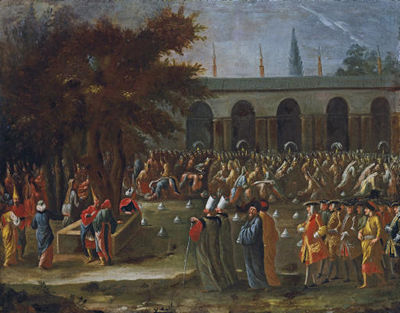 The Dutch Ambassador with his retinue being received by Sultan Ahmed III at the Topkapi Palace, Istanbul