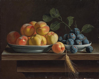 Peaches and plums in white porcelain bowls, with a sheaf of corn on a wooden table by Jean Valette-Falgores - Auction record, sale price, and art valuation. Compare with similar artists and explore comparable artworks.