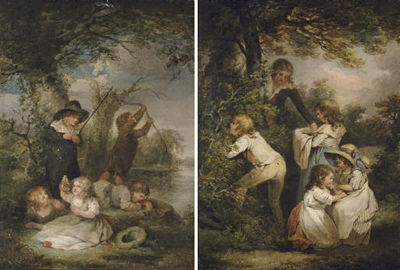 Children fishing; and Children gathering nuts