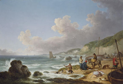 A view of Gurnhards Bay, near Cowes, Isle of Wight, with fisherfolk on the shore