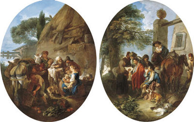Peasants eating and drinking by a cottage; and A hunting party resting in a wooded landscape