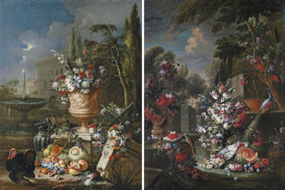 Tulips, roses, lily-of-the-valley and other flowers in an urn, with fruit in a porcelain bowl, a silver ewer and a turkey, a fountain and house beyond; and Tulips, roses, lily-of-the-valley and other flowers in an urn, with fruit by a porcelain bowl, an u by Gasparo Lopez - Auction record, sale price, and art valuation. Compare with similar artists and explore comparable artworks.