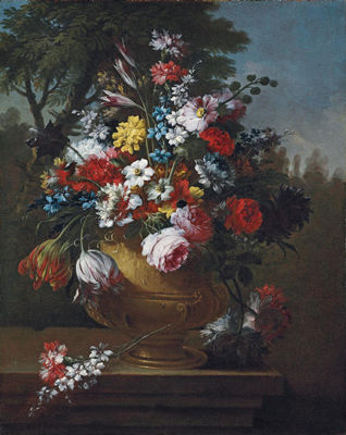 Roses, tulips, carnations, chrysanthemums and other flowers in a classical urn, on a ledge