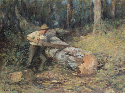 Sawing Timber by Frederick McCubbin - Auction record, sale price, and art valuation. Compare with similar artists and explore comparable artworks.