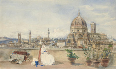 The artist's wife admiring the skyline of Florence with the Bargello, Badia, Forte Belvedere, Palazzo Vecchio, Duomo and Campanile, from a roof terrace on the Via dei Servi