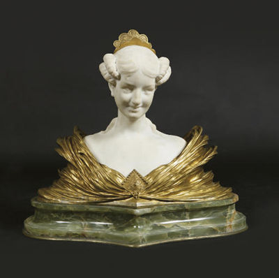 A FRENCH GILT-BRONZE AND MARBLE BUST OF A BELLE EPOQUE LADY