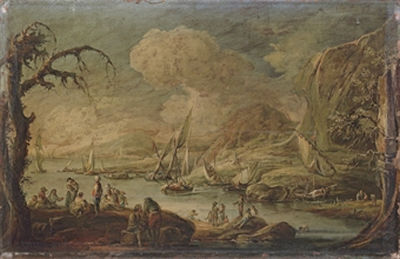 A coastal inlet with soldiers and peasants resting, with shipping beyond