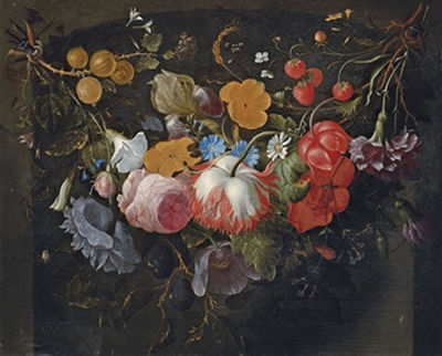 A swag of flowers hanging in a niche, with gooseberries, strawberries, roses, plums, an iris, a daisy and a spider by Pieter Gallis - Auction record, sale price, and art valuation. Compare with similar artists and explore comparable artworks.