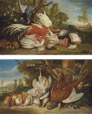 A dead cockerel, ducks, a pigeon, a greenfinch and mushrooms in an Italianate landscape; and A dead pheasant, partridges, goldfinches, quails and apricots, plums and peaches in an Italianate landscape (a pair)