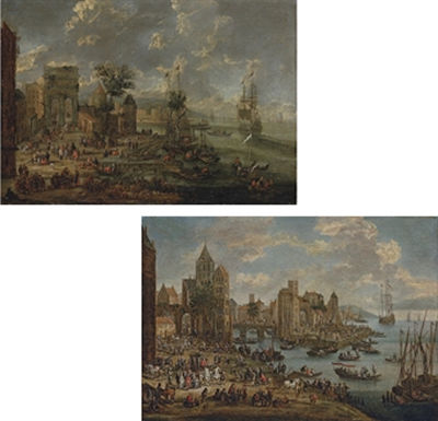 A capriccio of a busy port with the ruins of a triumphal arch; and A capriccio of a busy port with a bridge, a coach in the foreground (a pair)