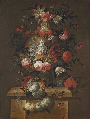 Roses, daffodils, peonies, lilies, a tulip, chrysanthemums and other flowers in a sculpted urn on a stone plinth