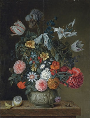 Roses, tulips, lilies, an iris and other flowers in a porcelain vase on a stone ledge, with partly-peeled lemon, a snail and other insects by Herman Van Der Mijn - Auction record, sale price, and art valuation. Compare with similar artists and explore comparable artworks.