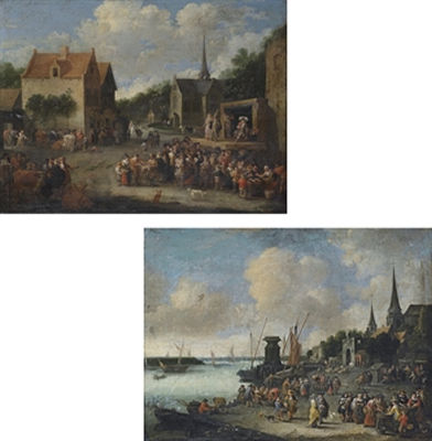 A village square with a crowd watching a commedia dell'arte spectacle; and A capriccio view of Antwerp with fishermen unloading their catch and selling their wares (a pair)