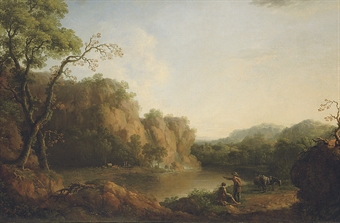 A rocky wooded river landscape with a waterfall and figures and cattle on the banks