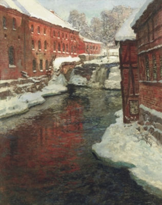 Snødekt by med elv og foss (Snow-covered town with waterfall) by Frits Thaulow - Auction record, sale price, and art valuation. Compare with similar artists and explore comparable artworks.