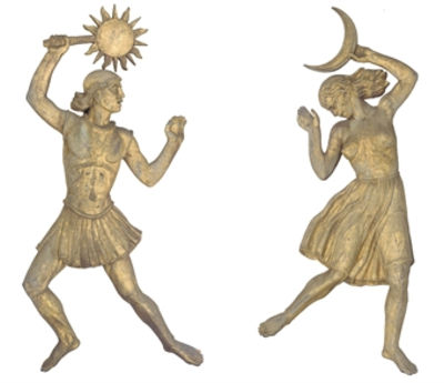 PAIRED ARCHITECTURAL SCULPTURES, respectively a female form holding aloft a crescent moon, the male form the sun