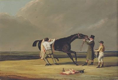 A racehorse with a groom, trainer and jockey
