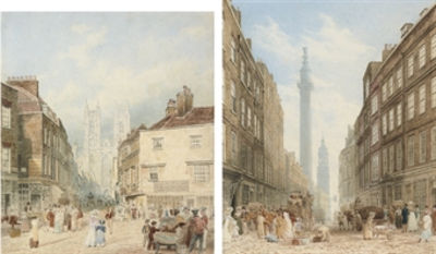 View of Tothill Street with Westminster Abbey beyond; and View of Gracechurch Street with the Monument and the church of St Magnus the Martyr beyond (2)