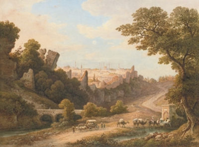View of Constantinople with camels watering and travellers on a track in the foreground by William Purser - Auction record, sale price, and art valuation. Compare with similar artists and explore comparable artworks.
