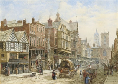 Bridge Street, Chester, with St. Peter's Church and Chester Town Hall in the background by Louise J Rayner - Auction record, sale price, and art valuation. Compare with similar artists and explore comparable artworks.
