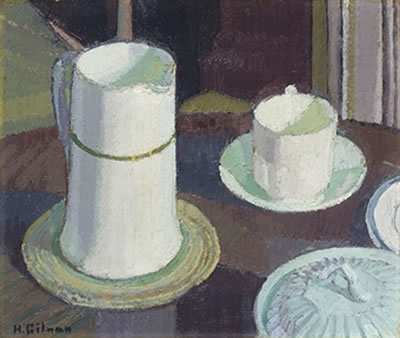 Still life of white cup, saucer and jug on a table