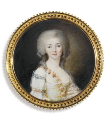 A young lady, in white dress with lace trim with garland of pink flowers draped over her right shoulder and another tied around her right arm at the e