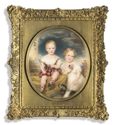Two children, one seated on a mustard coloured table covering, dressed in red and grey tartan dress and socks, black shoes, holding a crop in one hand, a dog's leash in the other, tied to a black and white spaniel, the other child in white dress, holding