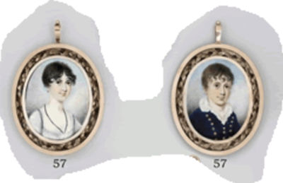 A double-sided portrait of a girl, in blue dress with white slip, black necklace tucked in at corsage, dark curling hair, and a boy, in blue coat with gold buttons, white frilled-edged shirt; both with sky background by Nathaniel Freese - Auction record, sale price, and art valuation. Compare with similar artists and explore comparable artworks.