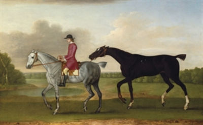 A liver chesnut racehorse led by a mounted groom in a wooded landscape by James Seymour - Auction record, sale price, and art valuation. Compare with similar artists and explore comparable artworks.