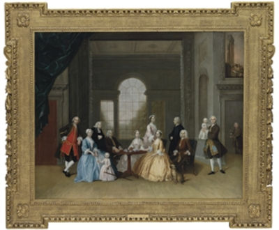 Group Portrait of John Offley Crewe and his family, taking tea around a tripod table in an interior, with a servant with a silver hot water- kettle and heater climbing the stairs to the room, a Venetian window overlooking a garden with a pond beyond by Arthur Devis - Auction record, sale price, and art valuation. Compare with similar artists and explore comparable artworks.