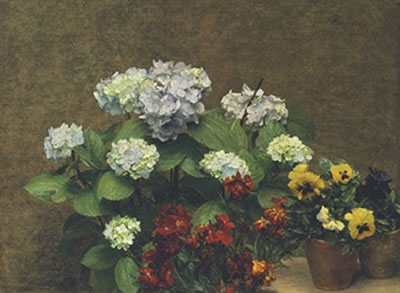 Fleurs (Hortensias, giroflées, deux pots de pensées)