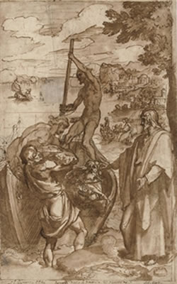 The Apparition of Christ to Saint Peter and 'christ making Himself known to his Disciples after his Death by a miraculous Draught of Fishes John chap: 21' on the mount and with a subsidiary study of Christ on the Cross (?) (verso)