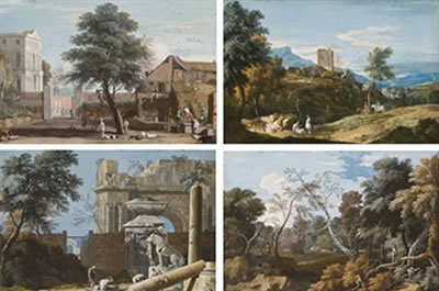 Peasants working near a farm, with a Venetian villa in the background; A capriccio with antique ruins, a triumphal arch and a statue of a lion; A hilly landscape with a medieval tower and figures in the foreground; and Woodcutters in a wooded landscape (4