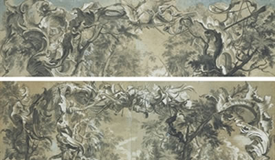 A rocaille decoration with a stag hunt above trees; and A rocaille decoration with a hunting horn and rifle (2)